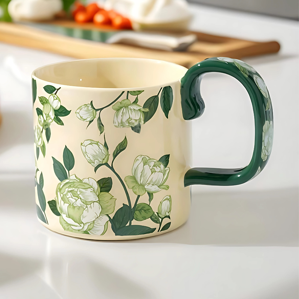 Floral Roase Design Ceramic Coffee Mug - 400ml