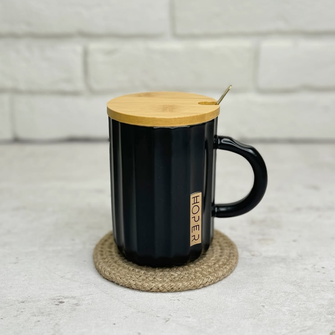 Matte Black Ceramic Mug golden Spoon and wooden Lid - 500ml
