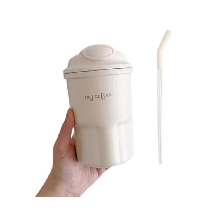 Gray White Cute Korean Coffee Cup Thermos With Straw Tumbler 450ml Sainless Steel Thermal Cup Portable Water Bottle Keep Hot Cold Cup