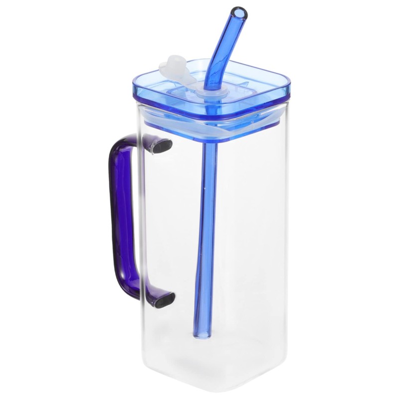 Blue color Handle Squre juice glass 400ml - plastict lid & natural straw