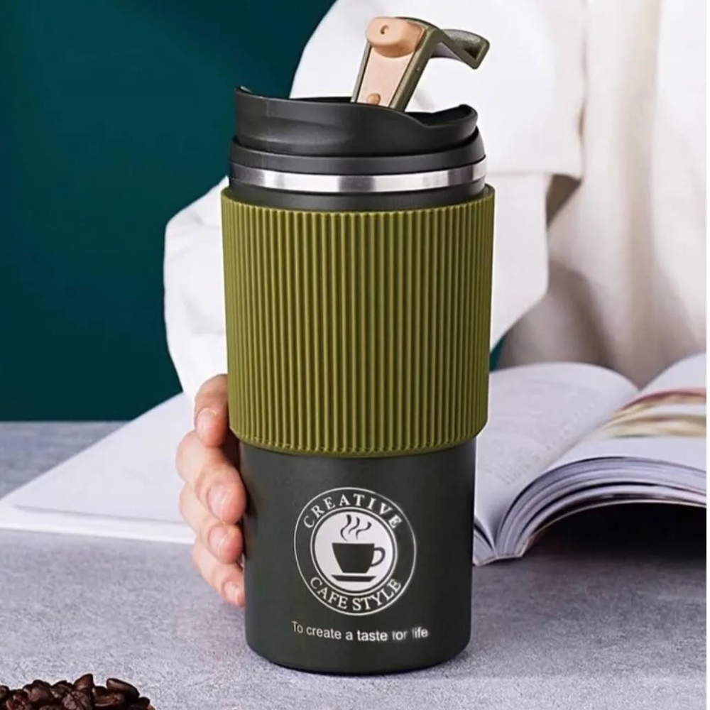 Bottle Green - 510ml Insulated Coffee Cup With Coaster, Double Walled Stainless Steel Vacuum Flask