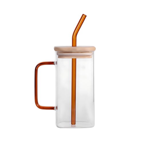 SQUARE GLASS COFFEE COLOR HANDLE & STRAW - 400ML