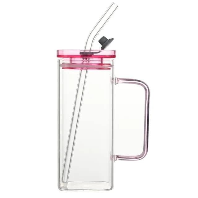 Glass with Lid Straws Glass Tumbler Iced Coffee Mug Glass Bottle with Handle Juice Glass Bottles Beer Glass Cup Straw -400ml (Pink)