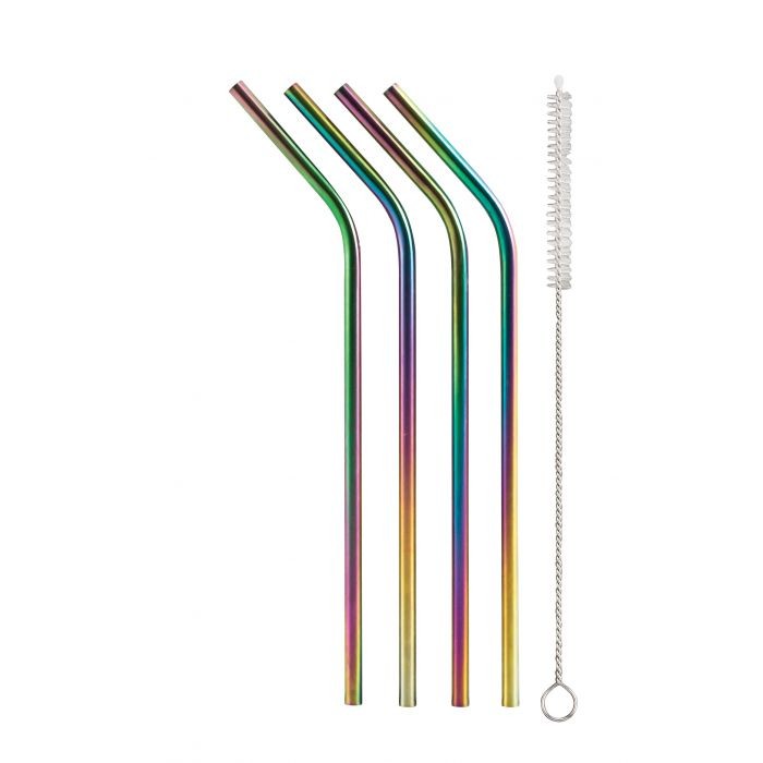 Rainbow Stainless Steel Drinking Straws w/ Cleaning Brush – 4 Pack – HIC