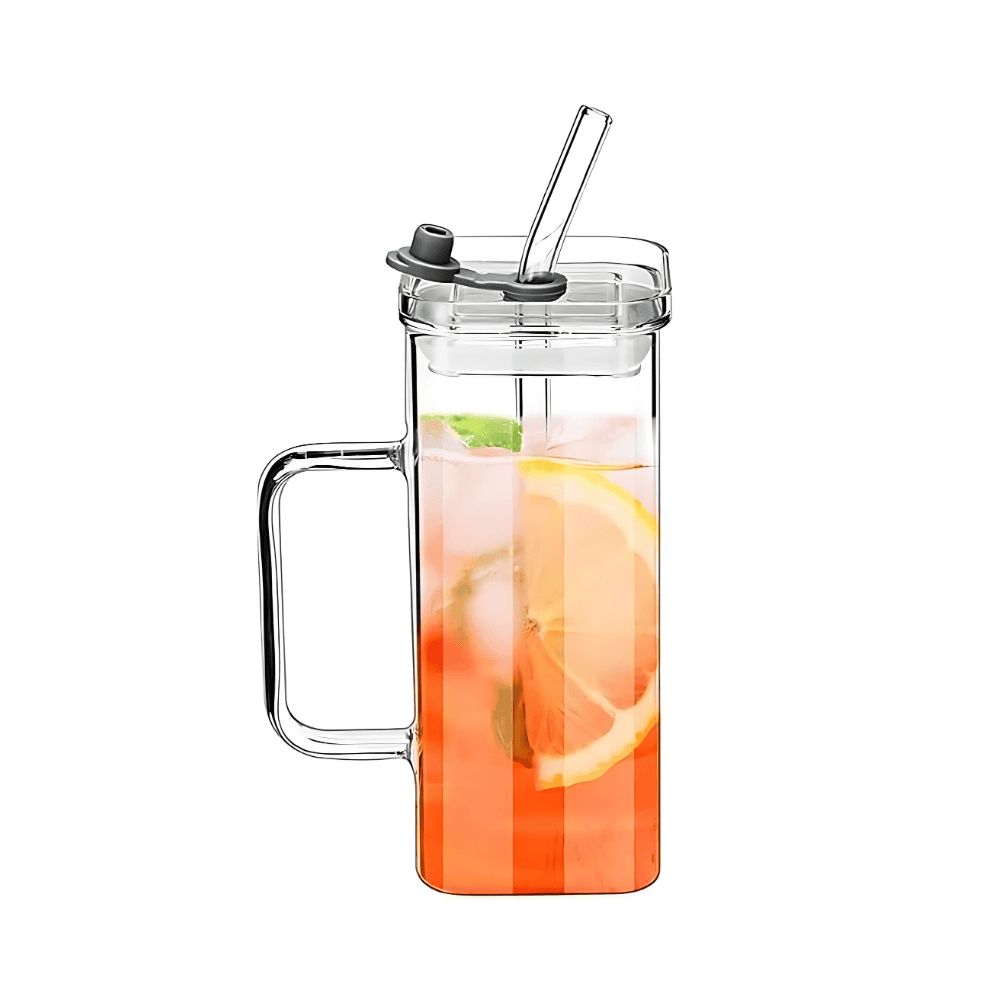 Natural Square Glass with white PP Lid 400ml