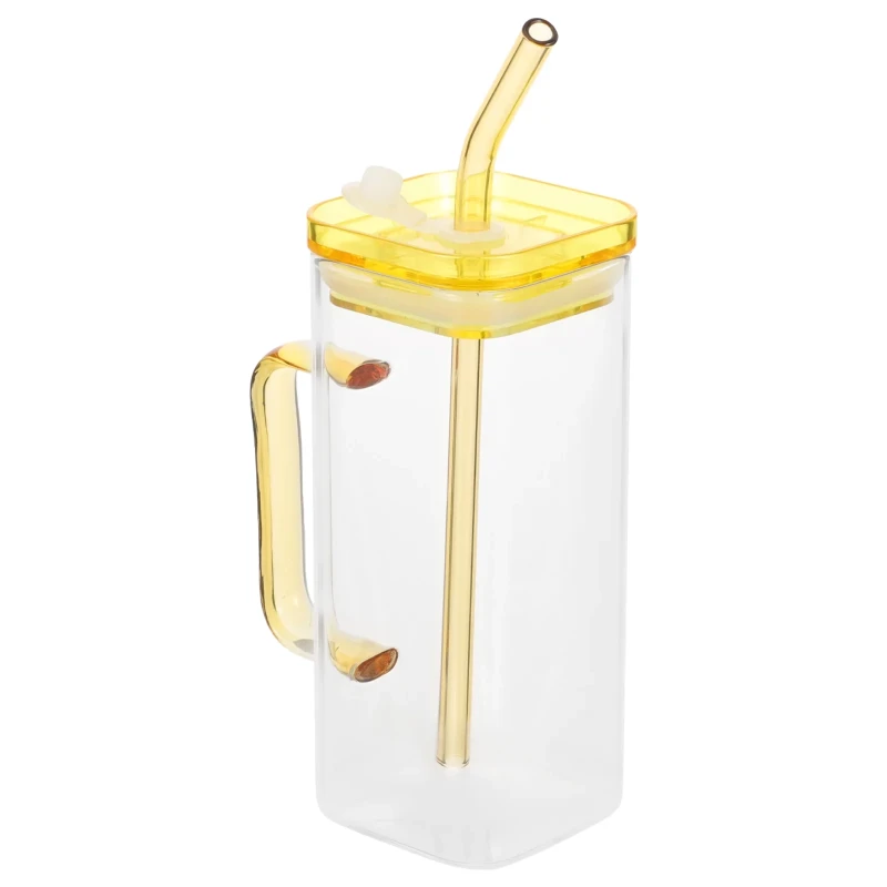 Glass with Lid Straws Glass Tumbler Iced Coffee Mug Glass Bottle with Handle Juice Glass Bottles Beer Glass Cup Straw -400ml (Orange)