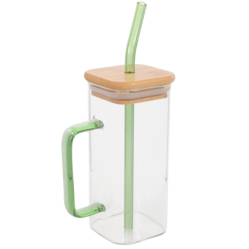 Green Square Glass Juice cup with Wooden led & Straw -400ml