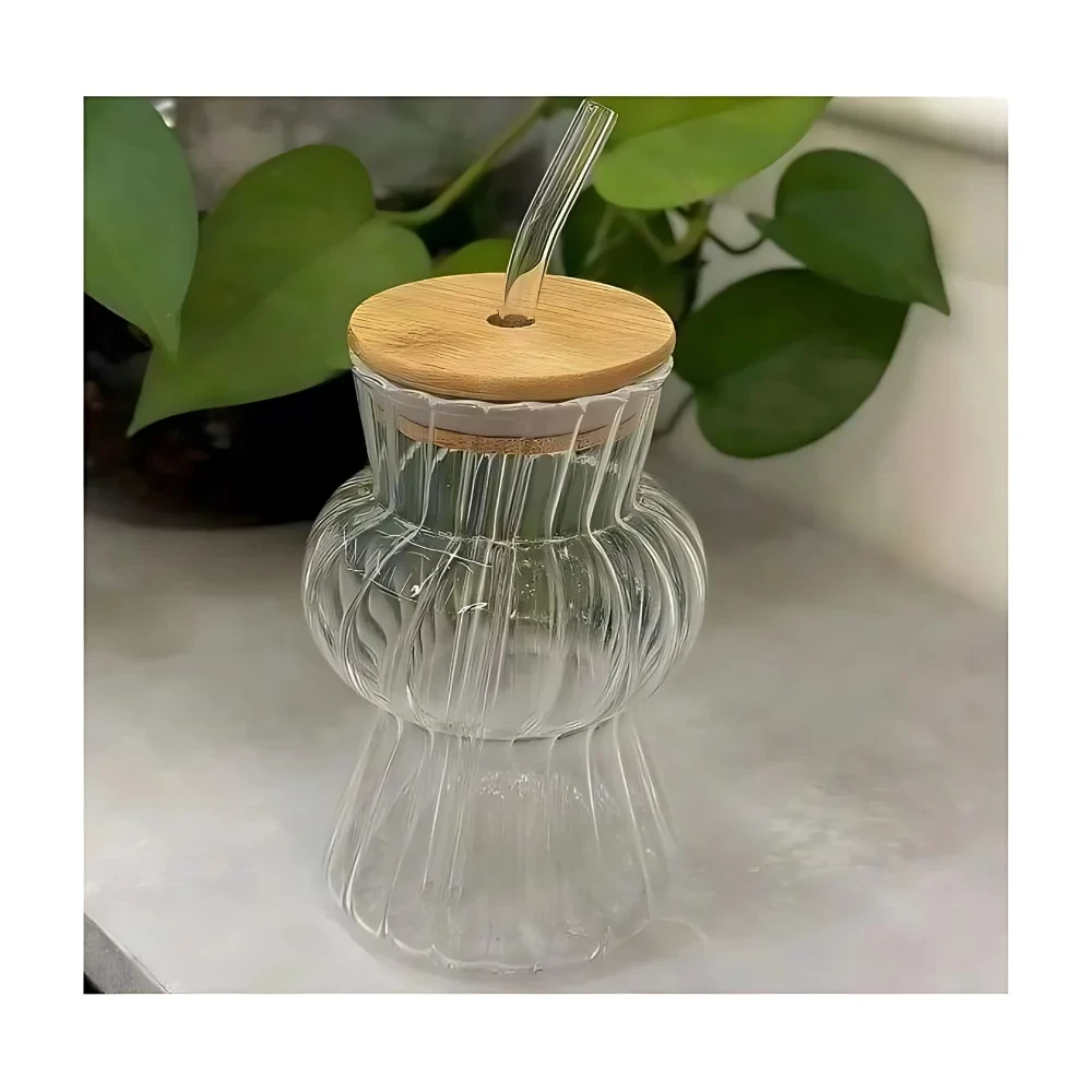 Ribbed Glass Tumbler with Bamboo Lid & Straw - 500ml