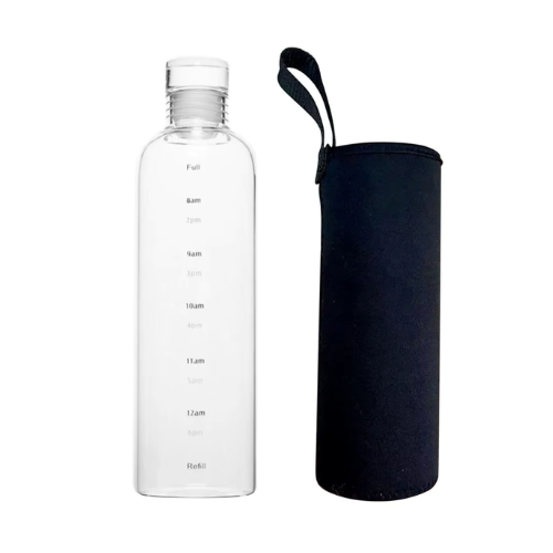 Glass Water Bottle with Block Cover -  500ml (Black)