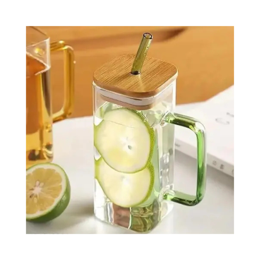 Green Color matching handle and straw square glass juice cup with Bamboo led - 400ml