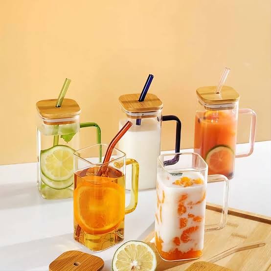 Square Glass Juice cup with Wooden led & Straw -400ml