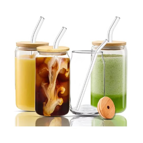 Round Glass Juice Jar with bamboo lid & glass straw- 540ml