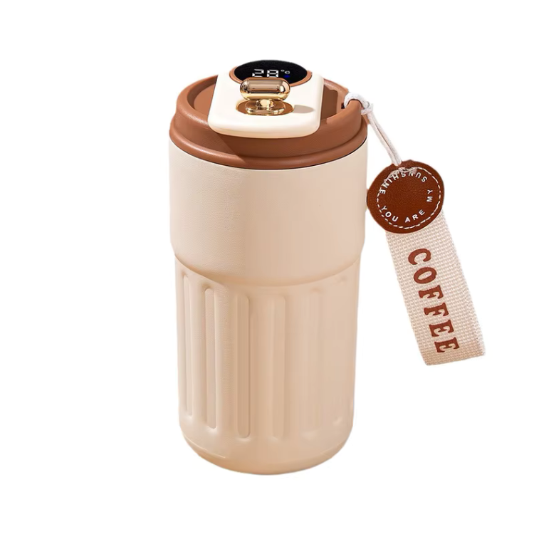 Smart LED Coffee Thermos with Temperature Display, 450ML - Brown Lid