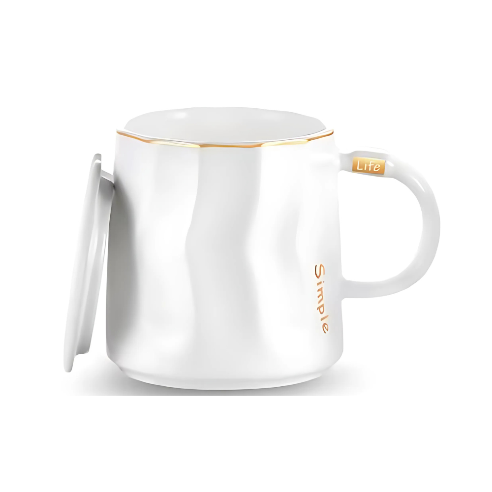 Matte White Wavy Ceramic Mug with Lid & Gold Trim