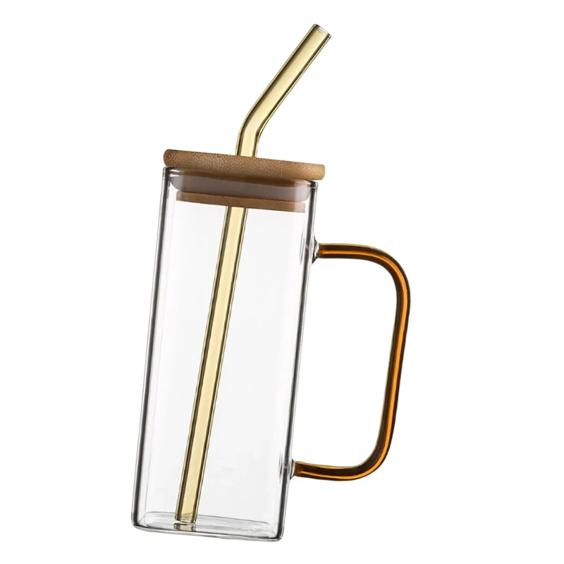 Coffee color Square Glass Juice cup with Wooden led & Straw -400ml