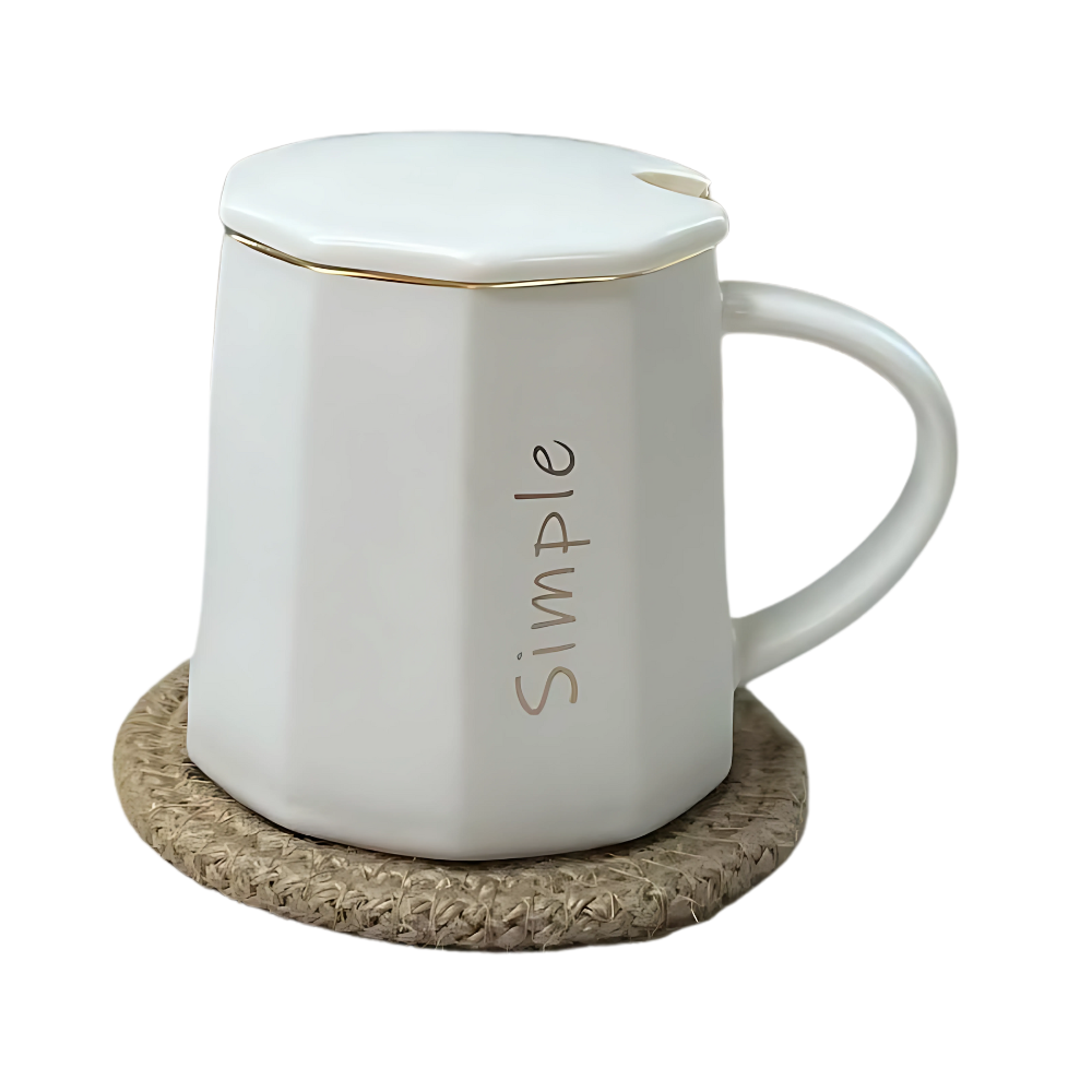 SIMPLE Matte White Ceramic Coffee Mug With Lid - 400ml