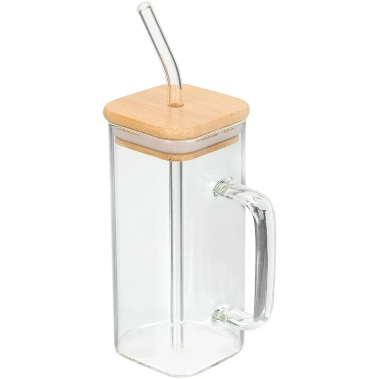 Natural Square Glass Juice cup with Wooden led & Straw -400ml