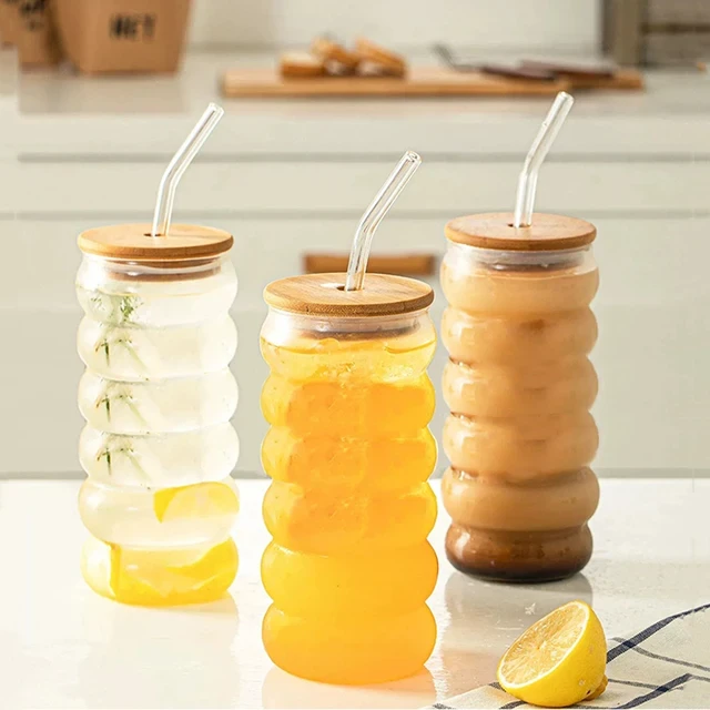 Wavy Glass Tumbler with Bamboo Lid & Straw - 500ml