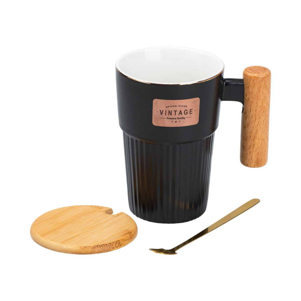 Vintage Ceramic Mug with Wooden Handle & Lid - Black