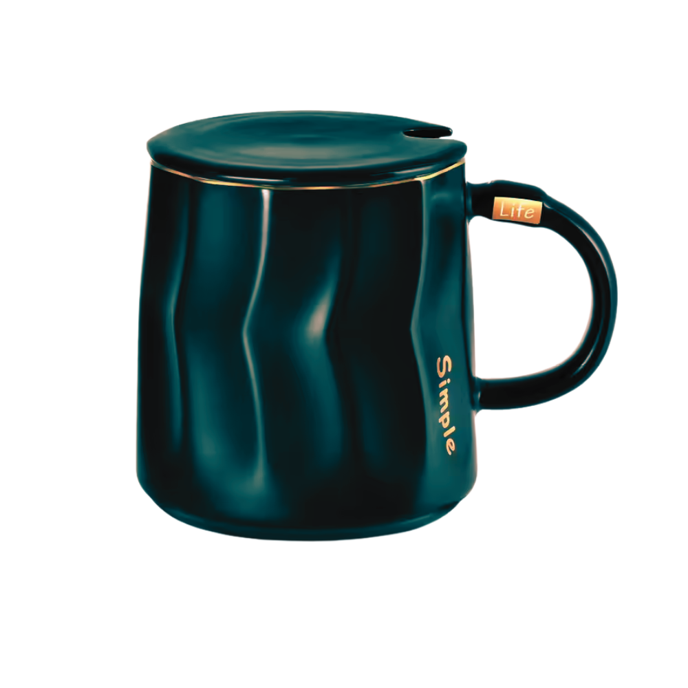 Matte Bottle Green Wavy Ceramic Mug with Lid & Gold Trim