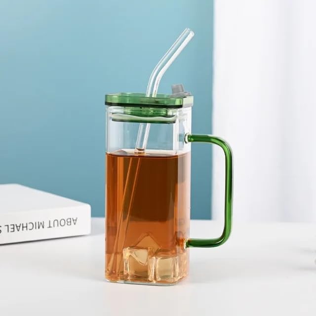 Glass with Lid Straws Glass Tumbler Iced Coffee Mug Glass Bottle with Handle Juice Glass Bottles Beer Glass Cup Straw -400ml (Green)