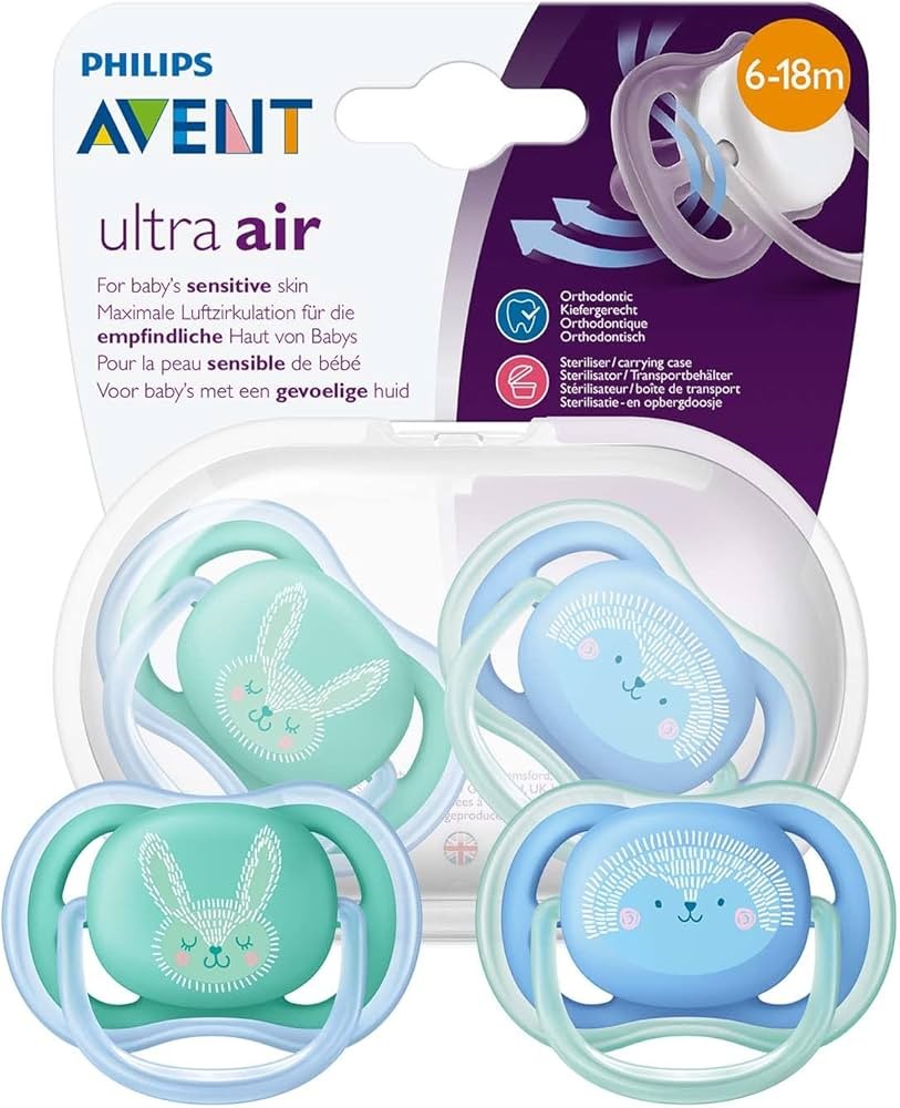 Philips Avent Ultra Air Pacifier for Boy, 6-18 Months, Blue/Green Fashion Decos, 2 Pack