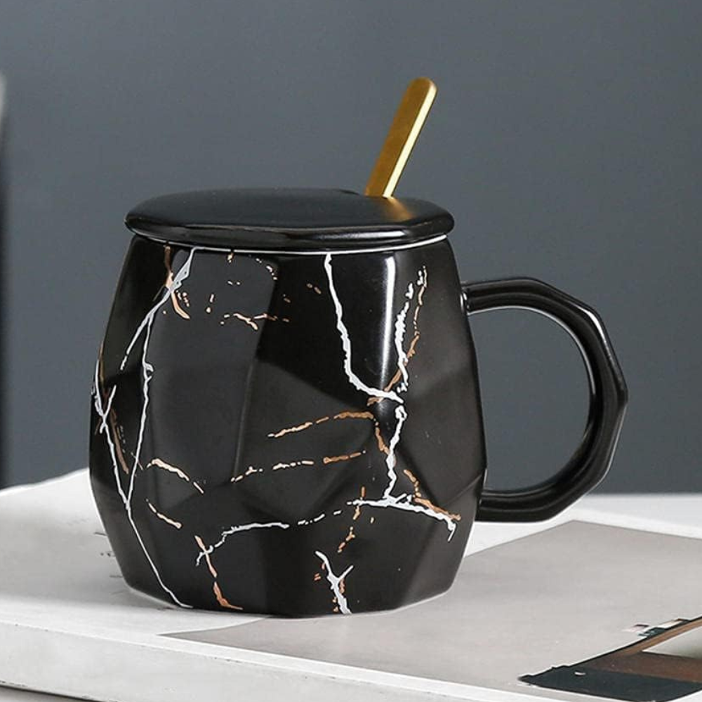 Matte Black Ceramic Marble Coffee Mug With Lid - 400ml
