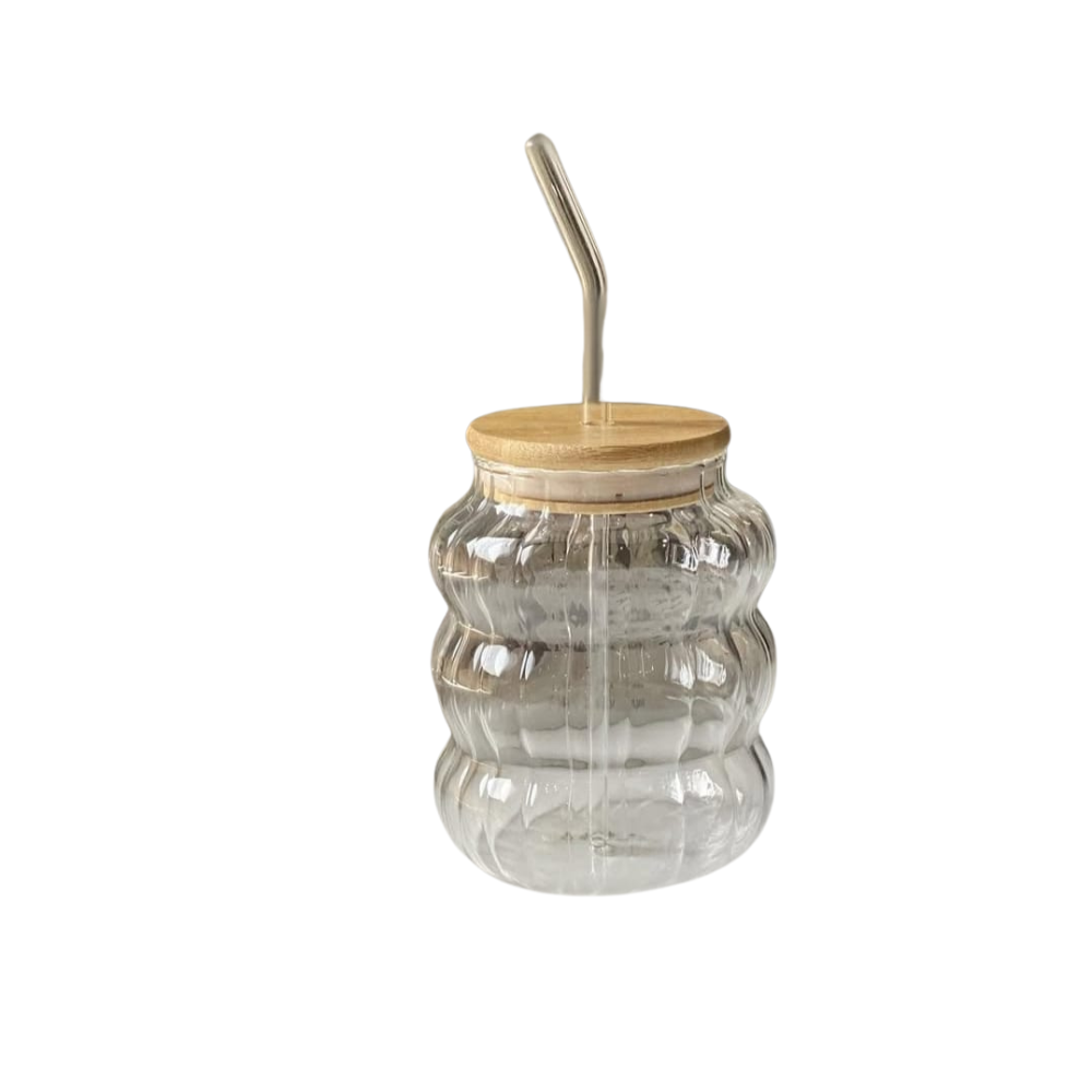 Wavy - 3 Glass Jar Tumbler with Bamboo Lid & Bent Glass Straw - 500ml