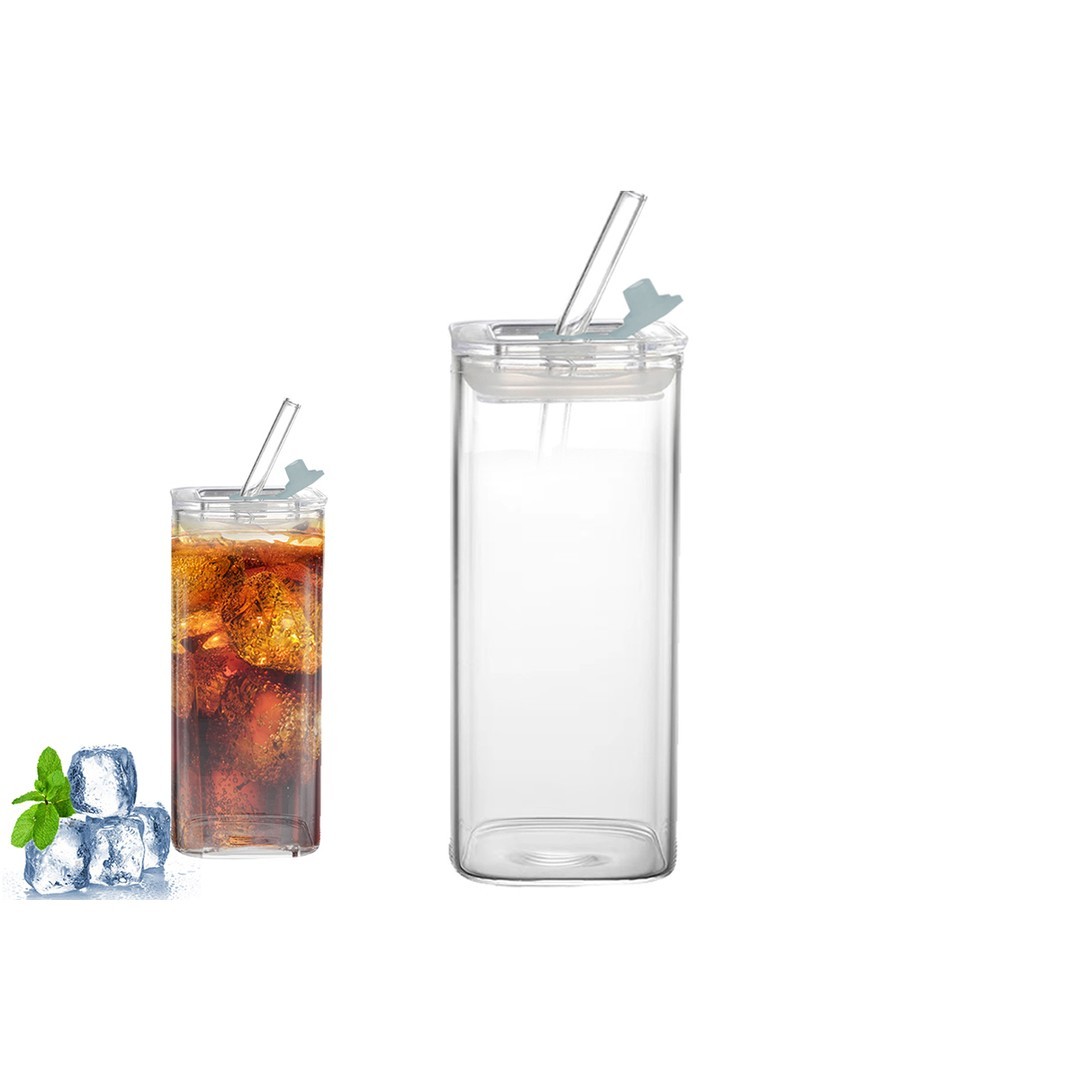 Square Glass Transparent (white) color plastic lid and Handle with transparent Straw