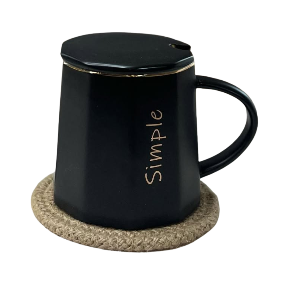 SIMPLE Matte Black Ceramic Coffee Mug With Lid - 400ml