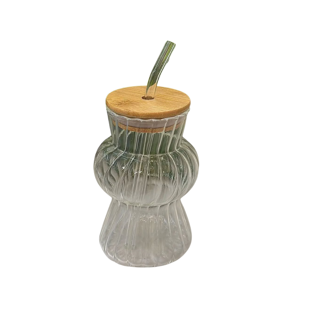 Ribbed Glass Tumbler with Bamboo Lid & Straw - 500ml