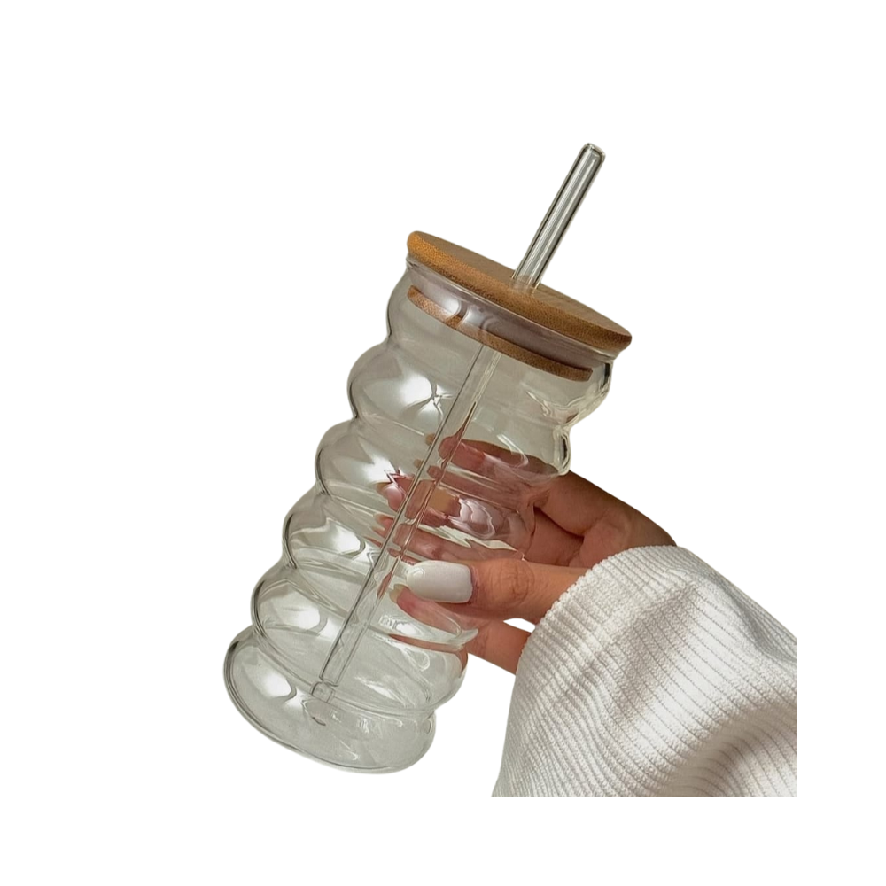 Wavy Glass Tumbler with Bamboo Lid & Straw - 500ml