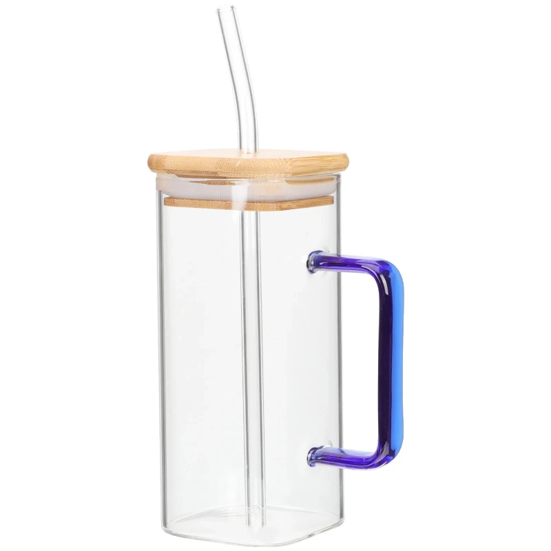 Blue Square Glass Juice cup with Wooden led & Straw -400ml