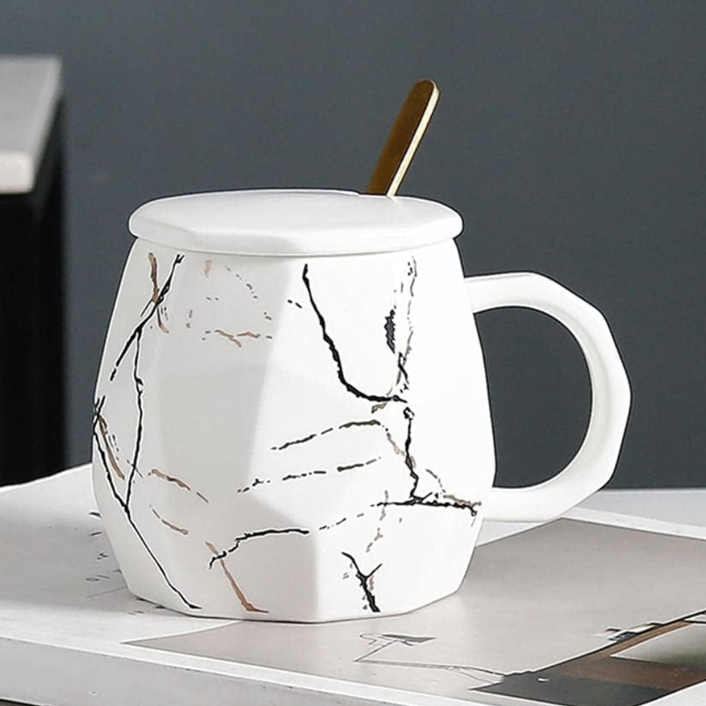 Matte White Ceramic Marble Coffee Mug With Lid - 400ml