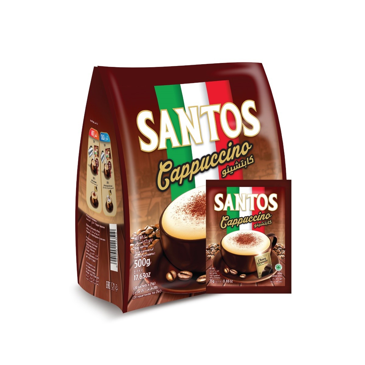 5PCS - Santos Cappuccino Premix Instant Coffee with Sugar 25g Sachet