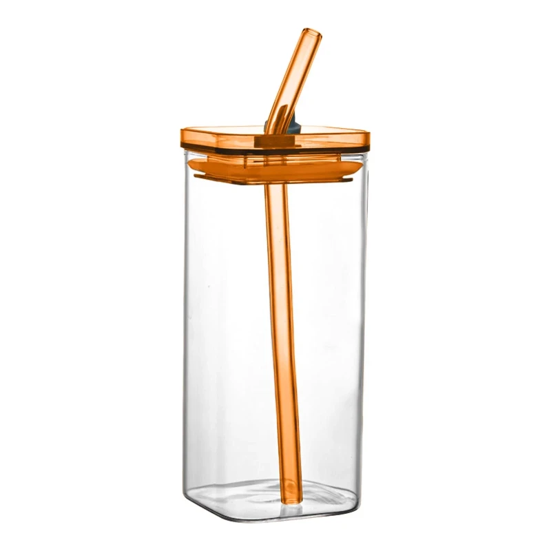 Square Glass Coffee color plastic lid and Handle with transparent Straw