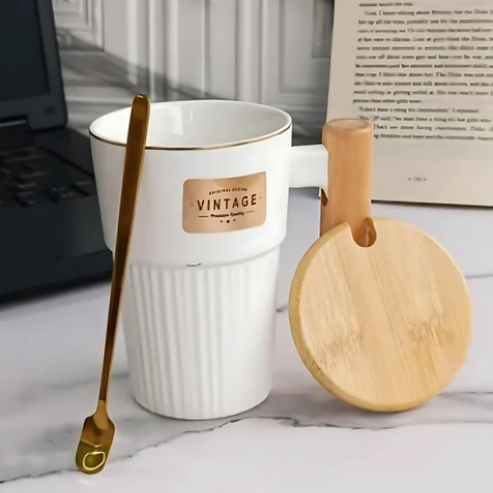Vintage Ceramic Mug with Wooden Handle & Lid - White