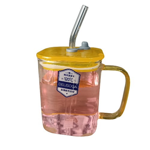 Glass Mug with highy quality transparent colorled & Straw - 450ml