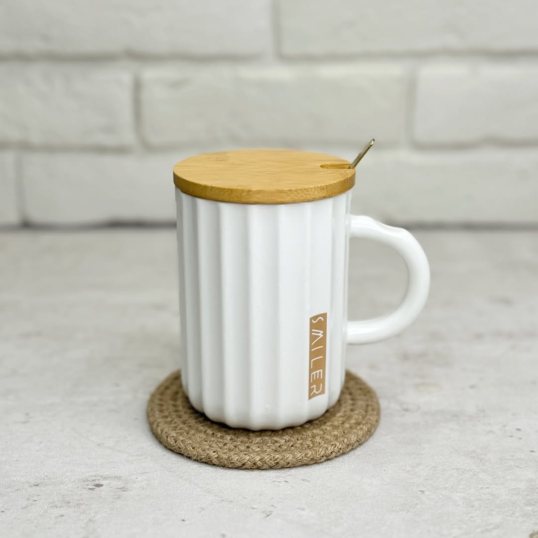 White color Ceramic Mug golden Spoon and wooden Lid - 500ml
