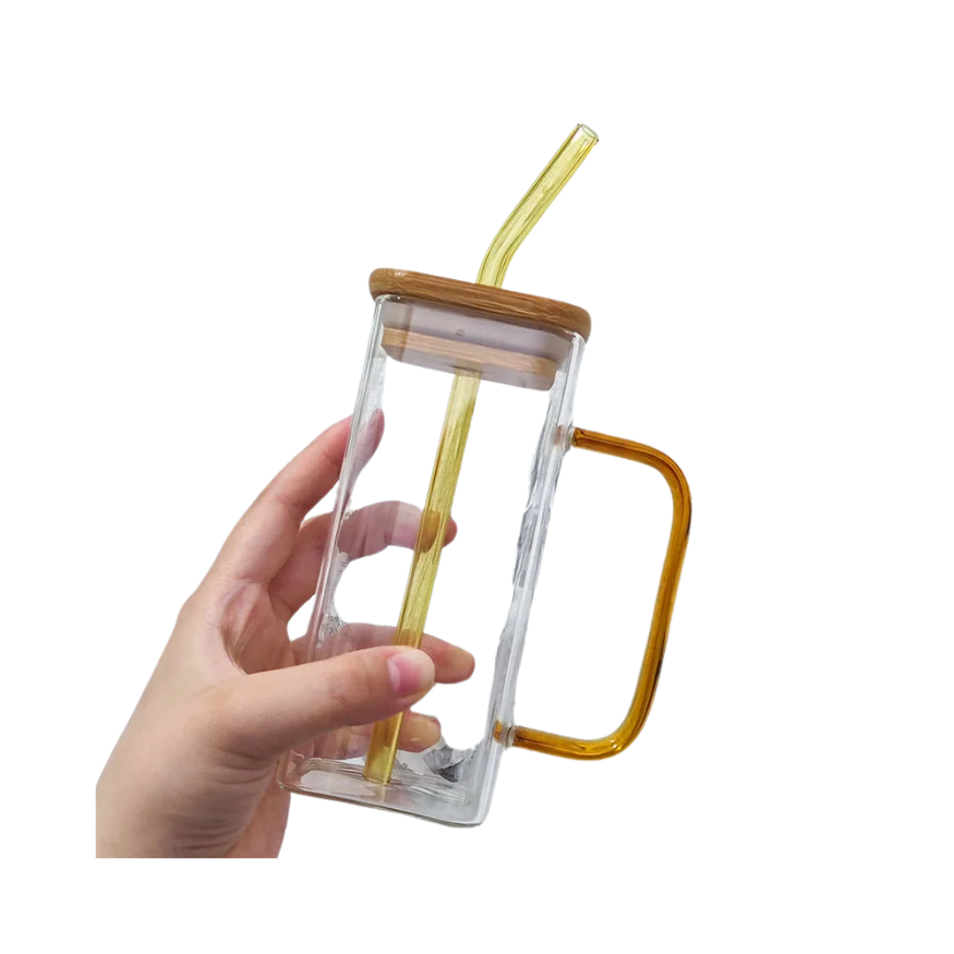 Coffee color Square Glass Juice cup with Wooden led & Straw -400ml