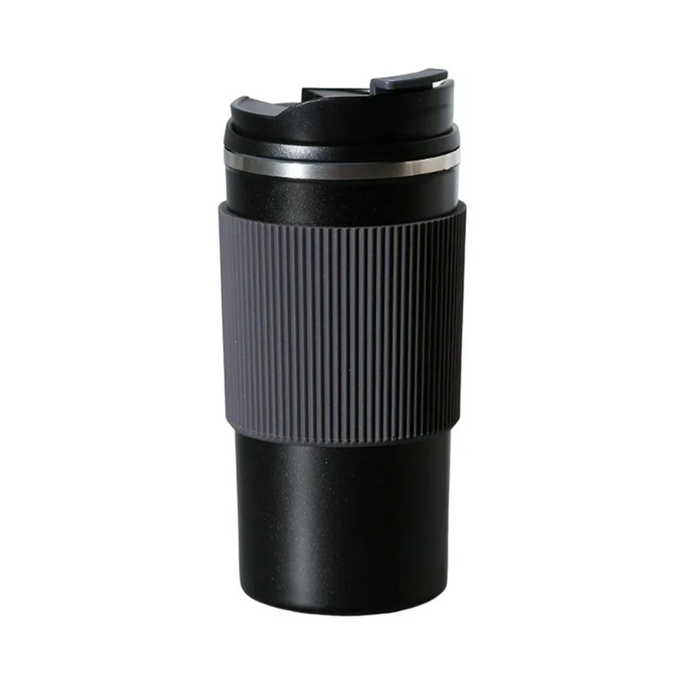 Black 500ml Insulated Coffee Cup With Coaster, Double Walled Stainless Steel Vacuum Flask