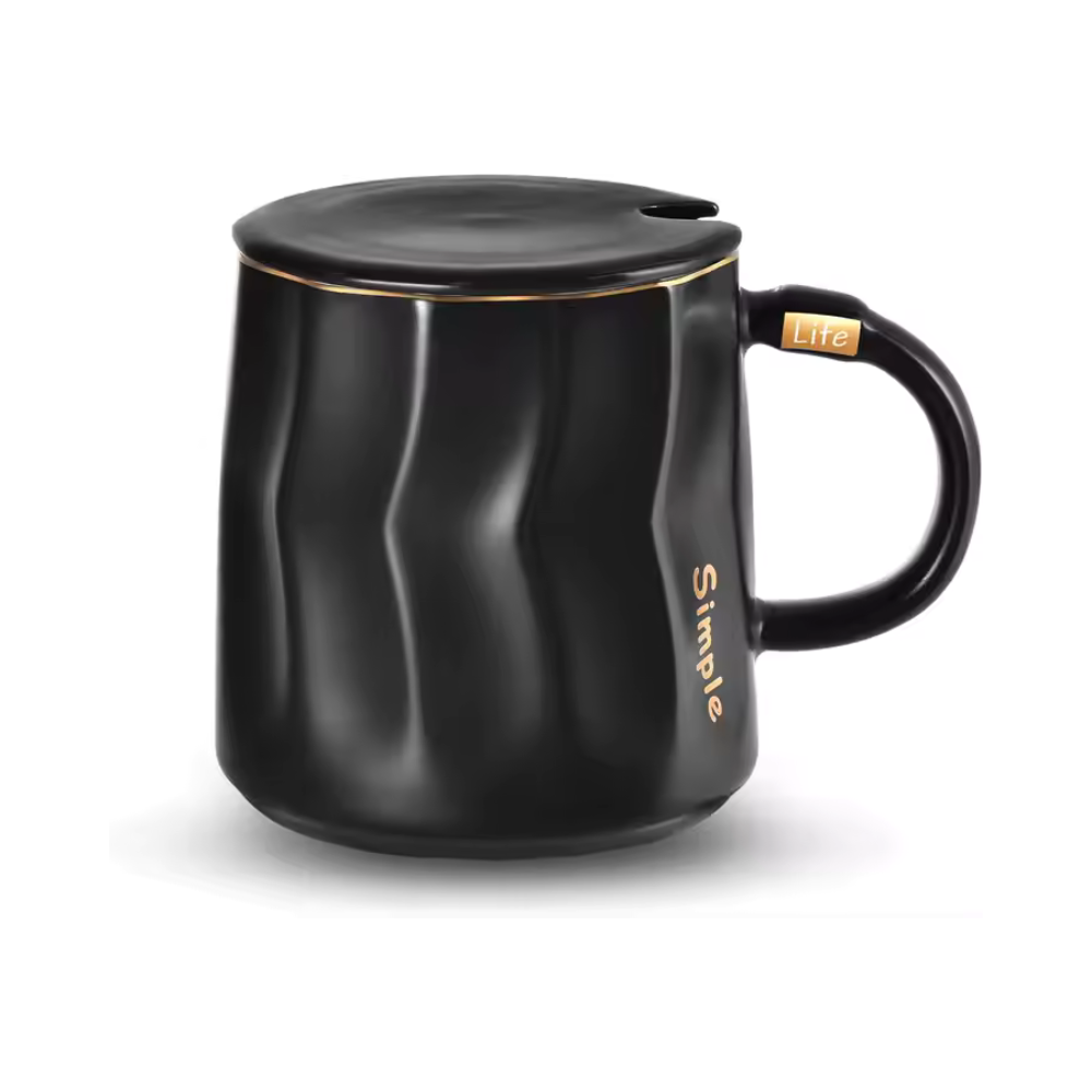 Matte Black Wavy Ceramic Mug with Lid & Gold Trim